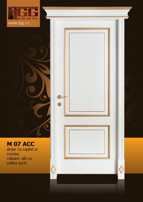 Usa de interior din Stejar Masiv Stratificat, cu pervaz capitel si cornisa, finisaj alb cu patina aurie ISM-07ACC