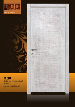 Usa de interior din Stejar Masiv Stratificat, cu pervaz drept masiv, finisaj alb cu patina, ISM-020