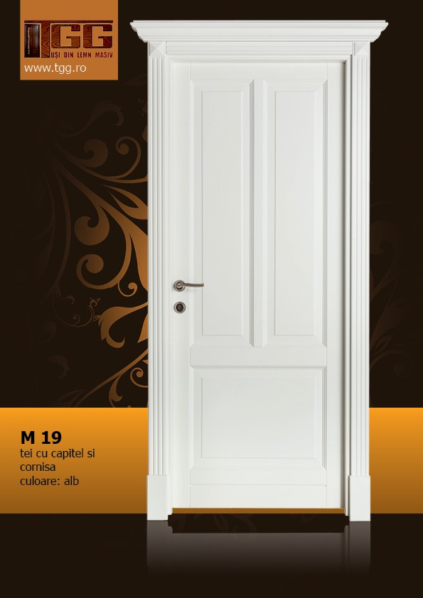 Usa de interior din Tei Masiv Stratificat, cu capitel si cornisa, finisaj alb, ITM-019